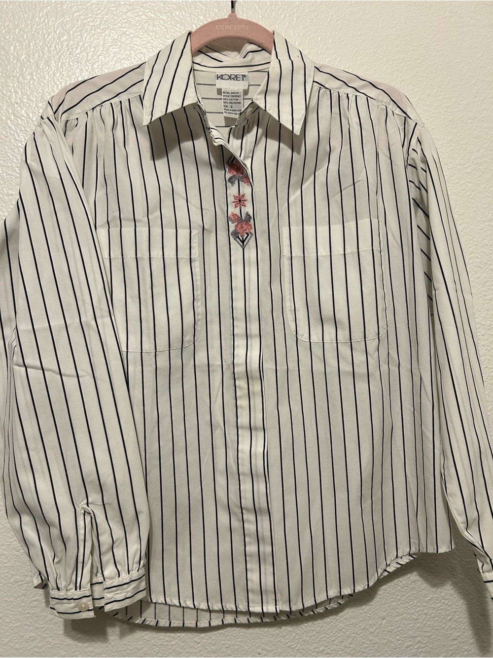 Koret White Shirt with Black Pinstripes and Pink Embroidery